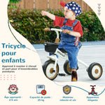 Tricycle enfants avec sonnette et panier selle réglable avec dossier - pour enfant de 2 à 5 ans blanc