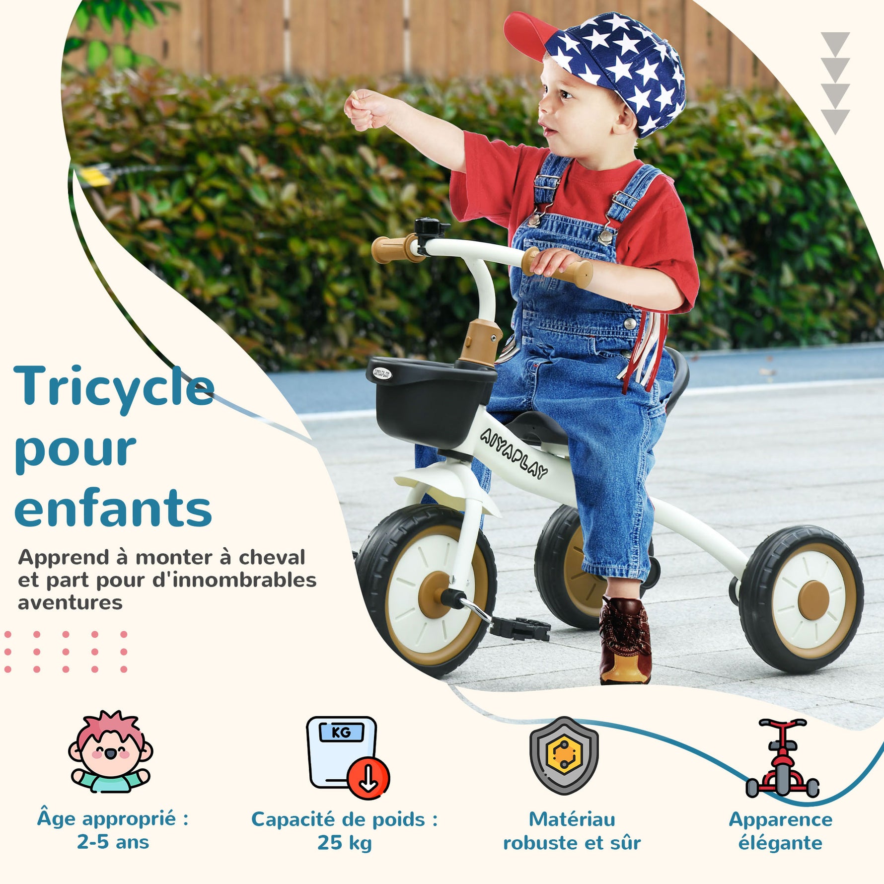 Tricycle enfants avec sonnette et panier selle réglable avec dossier - pour enfant de 2 à 5 ans blanc