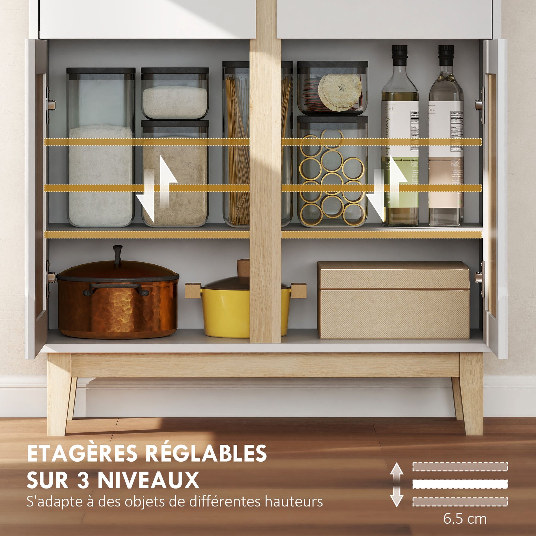 Buffet haut cuisine, armoire de cuisine avec 4 portes, 2 tiroirs et étagères réglables, 80x35x170cm, blanc et chêne