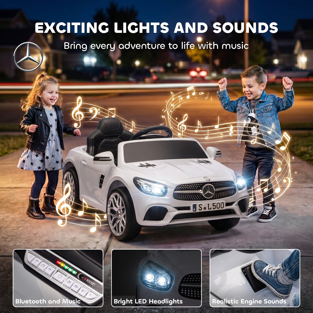 Voiture Électrique Enfants 12V Mercedes-Benz SL500, 3-5 km/h, 2 Moteurs, Télécommande 2,4G, pour 3-5 Ans, Blanc