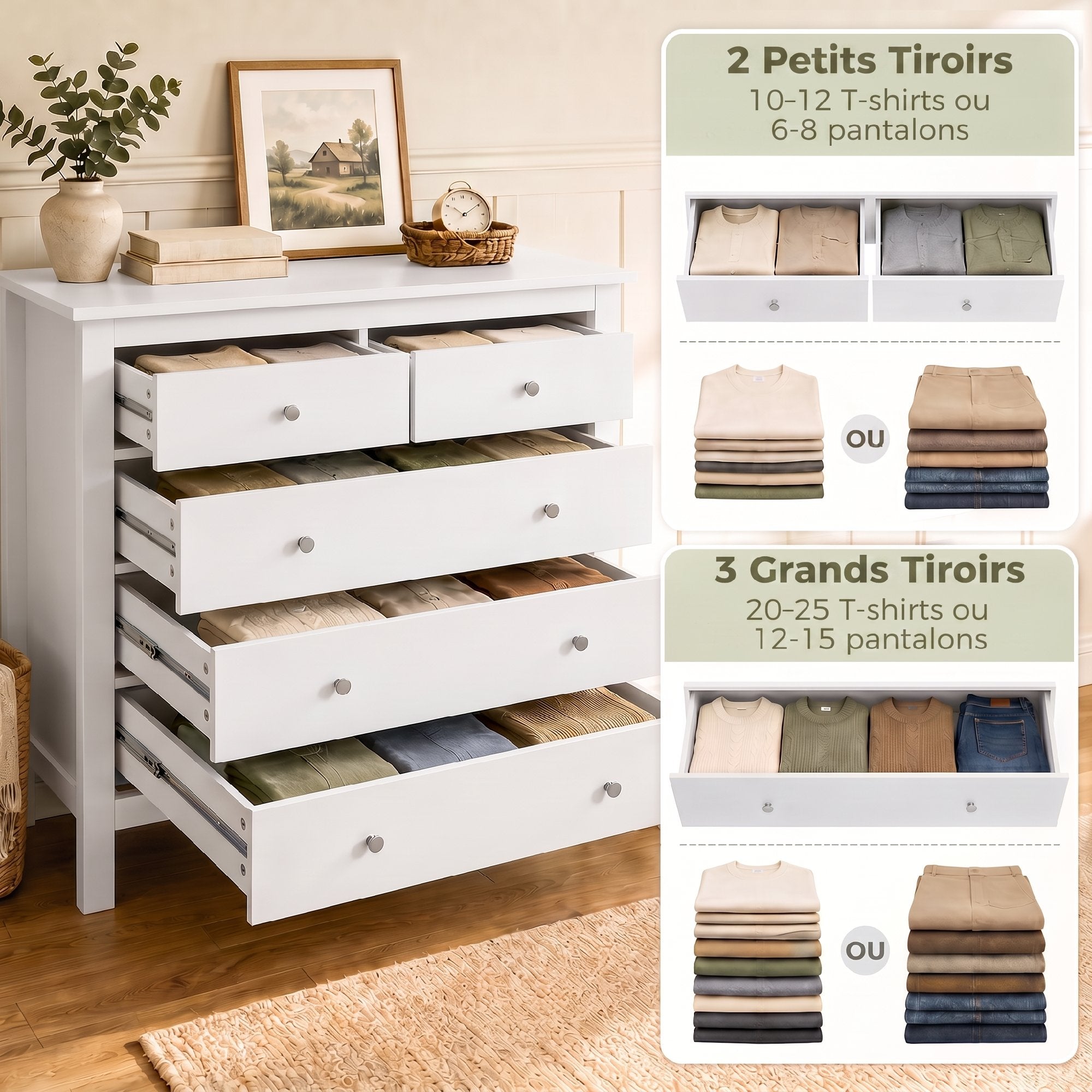 Commode à 5 tiroirs, meuble de rangement, avec poignées, glissières métalliques,  en bois, 79l x 39,5P x 80,5H cm, blanc