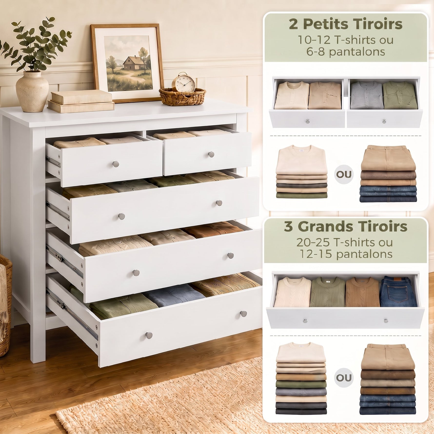 Commode à 5 tiroirs, meuble de rangement, avec poignées, glissières métalliques,  en bois, 79l x 39,5P x 80,5H cm, blanc