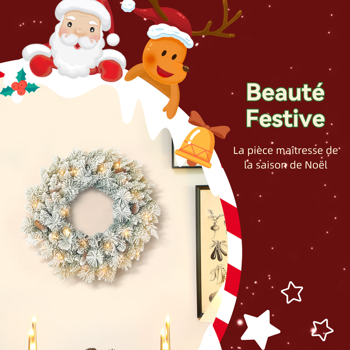 Couronne de Noël lumineuse 60 cm avec 35 LED blanc chaud, minuterie, 98 pointes, pommes de pin, vert et blanc