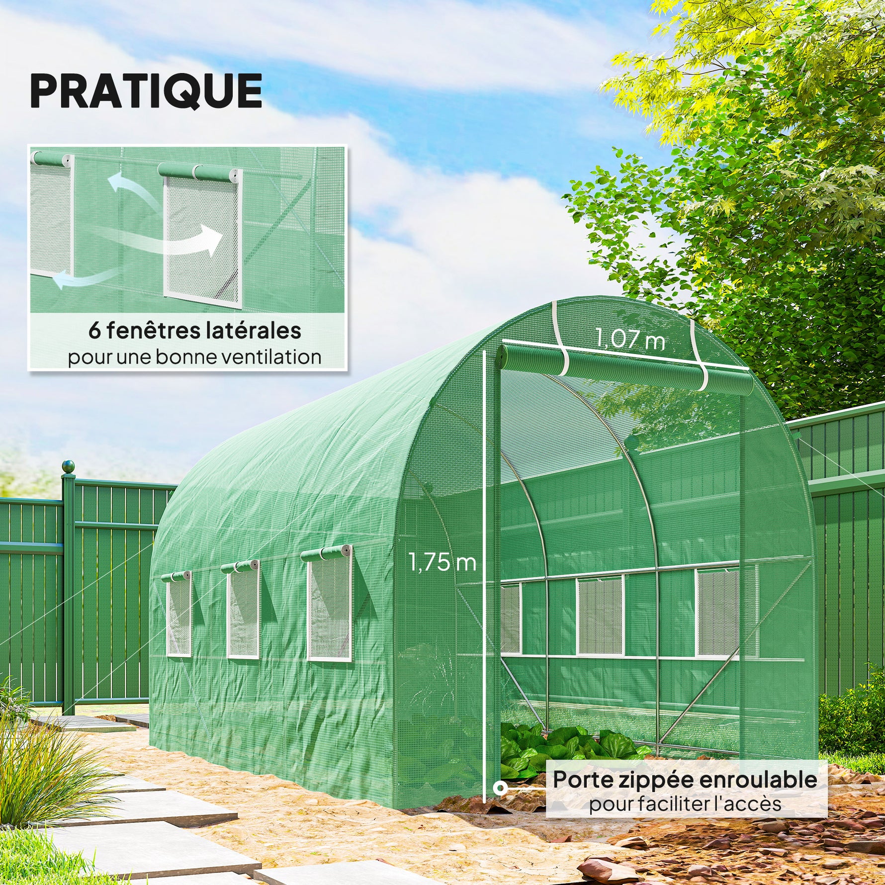 Serre de Jardin Tunnel Surface Sol 7m² 3,5L x 2l x 2H m châssis Tubulaire renforcé Porte zippée 6 fenêtres enroulables Vert