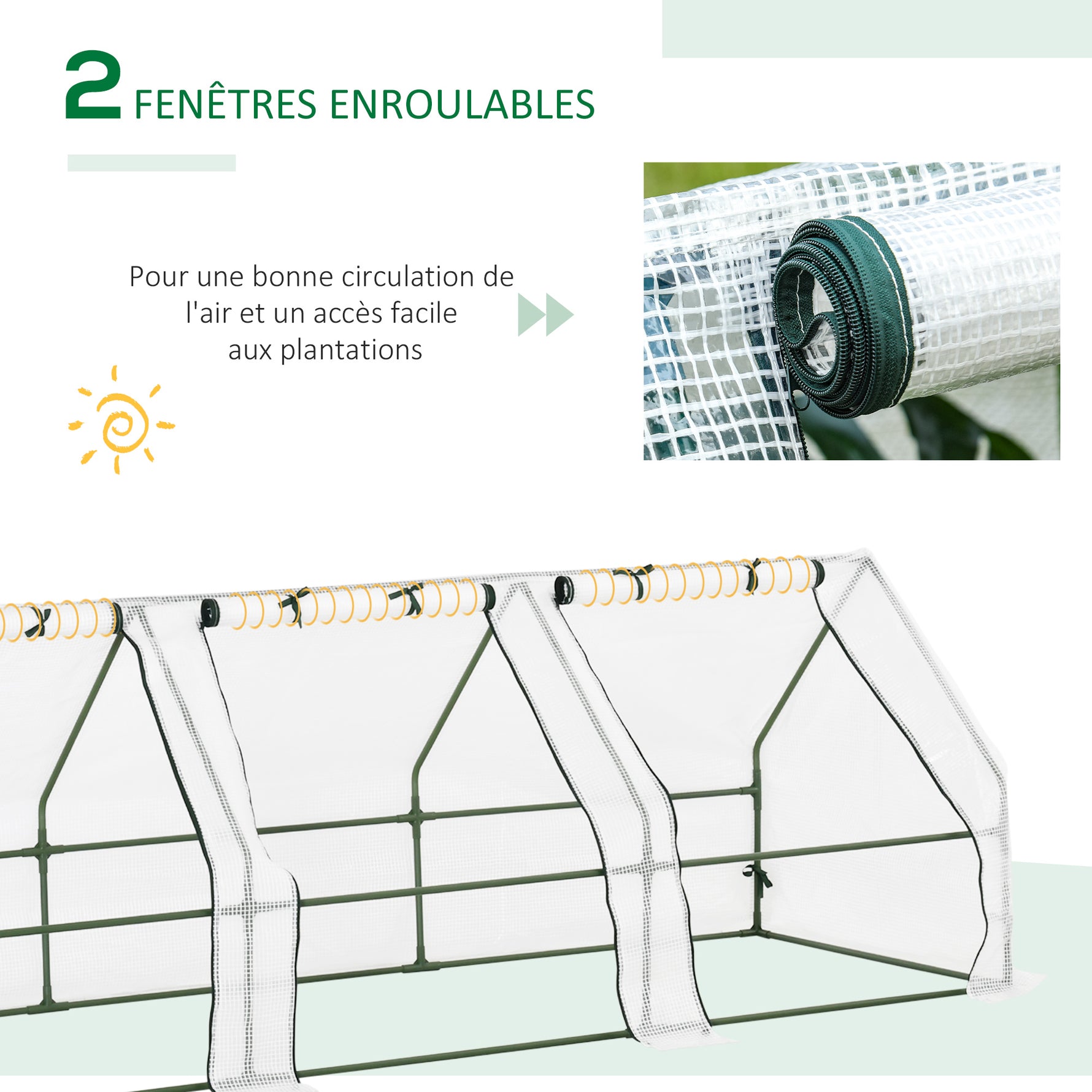 Mini Serre de Jardin Mini Serre Tunnel 270L x 90l x 90H cm Toit Pointu Acier PE Haute Densité 140 g/m² Anti-UV Fenêtres avec Zip Enroulables Blanc