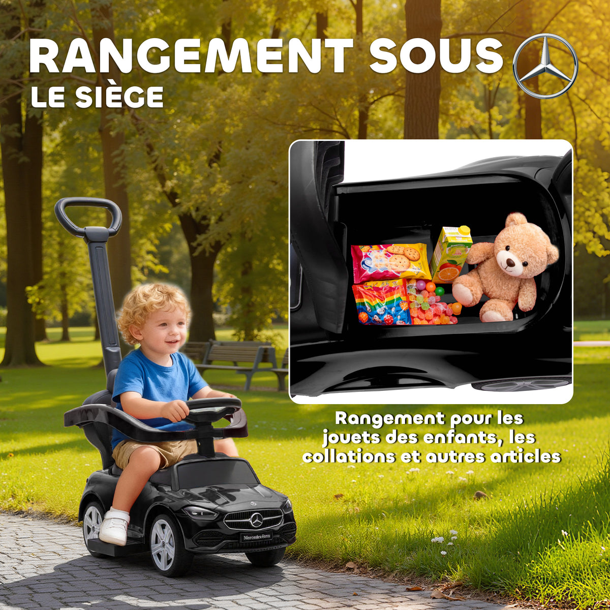Porteur enfants Mercedes-Benz sous licence, porteur voiture à pousser avec poignée amovible, 91 x 40 x 83 cm, noir