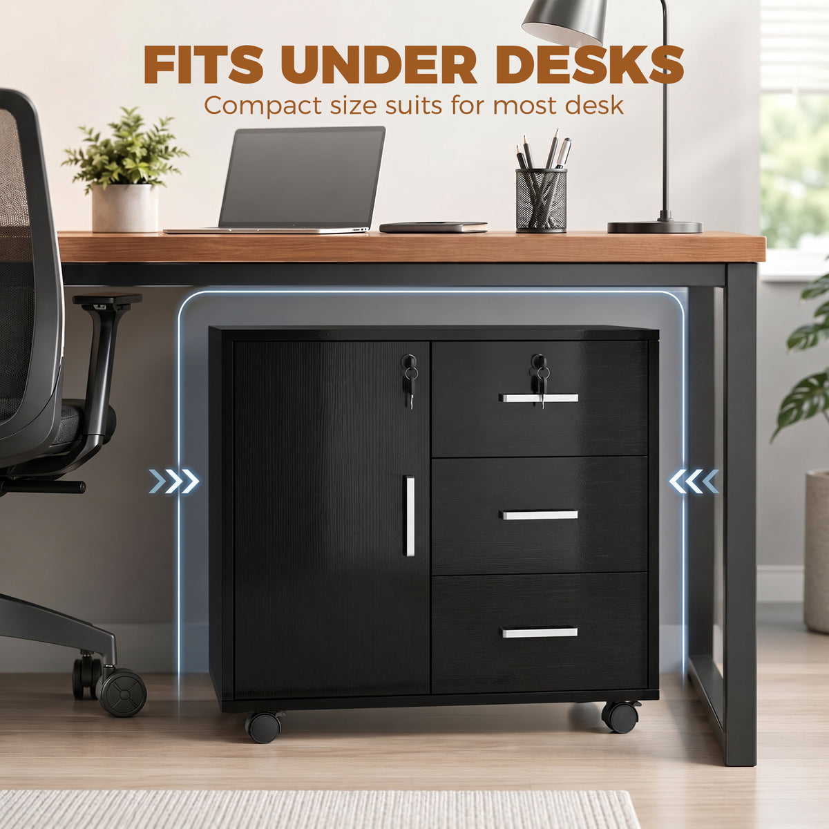 Caisson bureau meuble de rangement verrouillable avec 3 tiroirs et étagère réglable, roulettes, 40 x 60 x 56 cm, noir