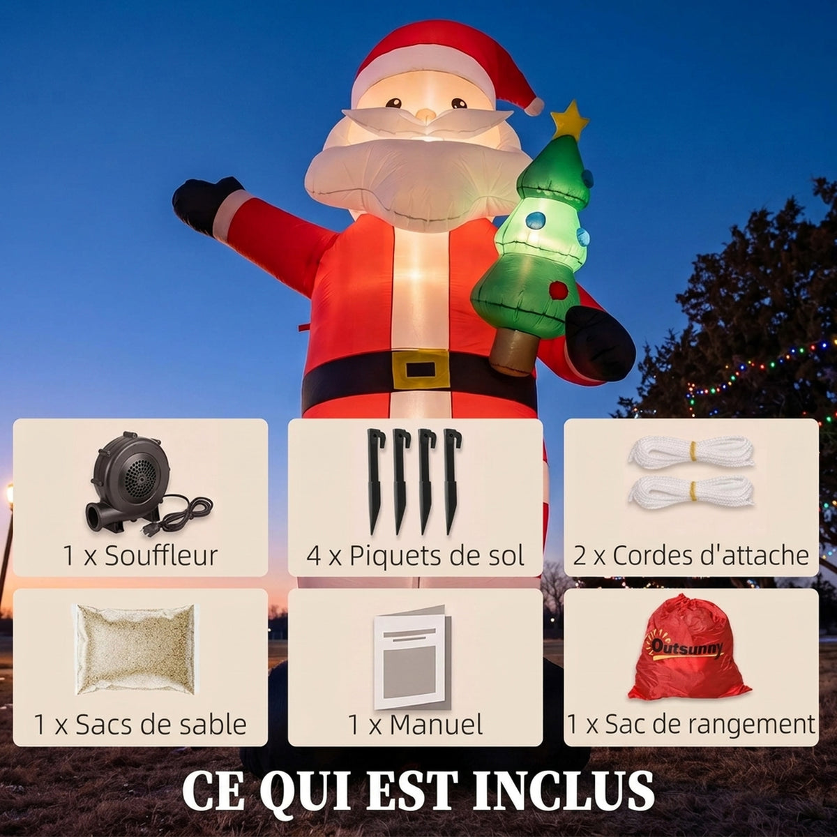 Père Noël Gonflable de 243 cm avec Lumières LED, Matériel Fixation et Souffleur, Intérieur et Extérieur, Rouge
