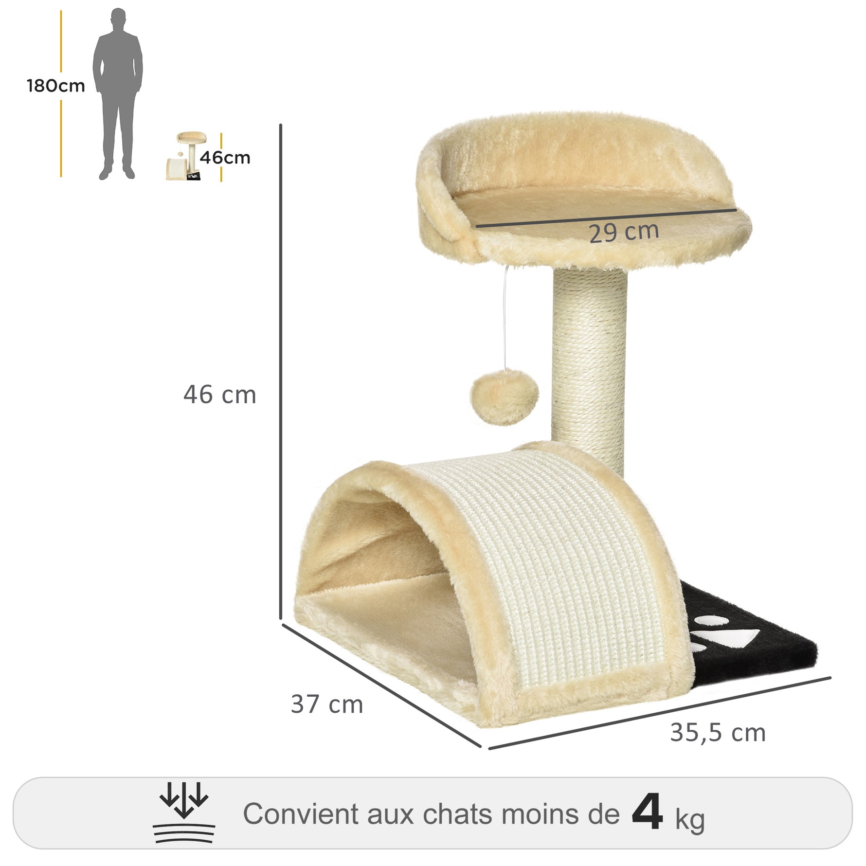 Arbre à chat griffoir grattoir design jeu boule suspendue + plateforme peluche sisal naturel beige