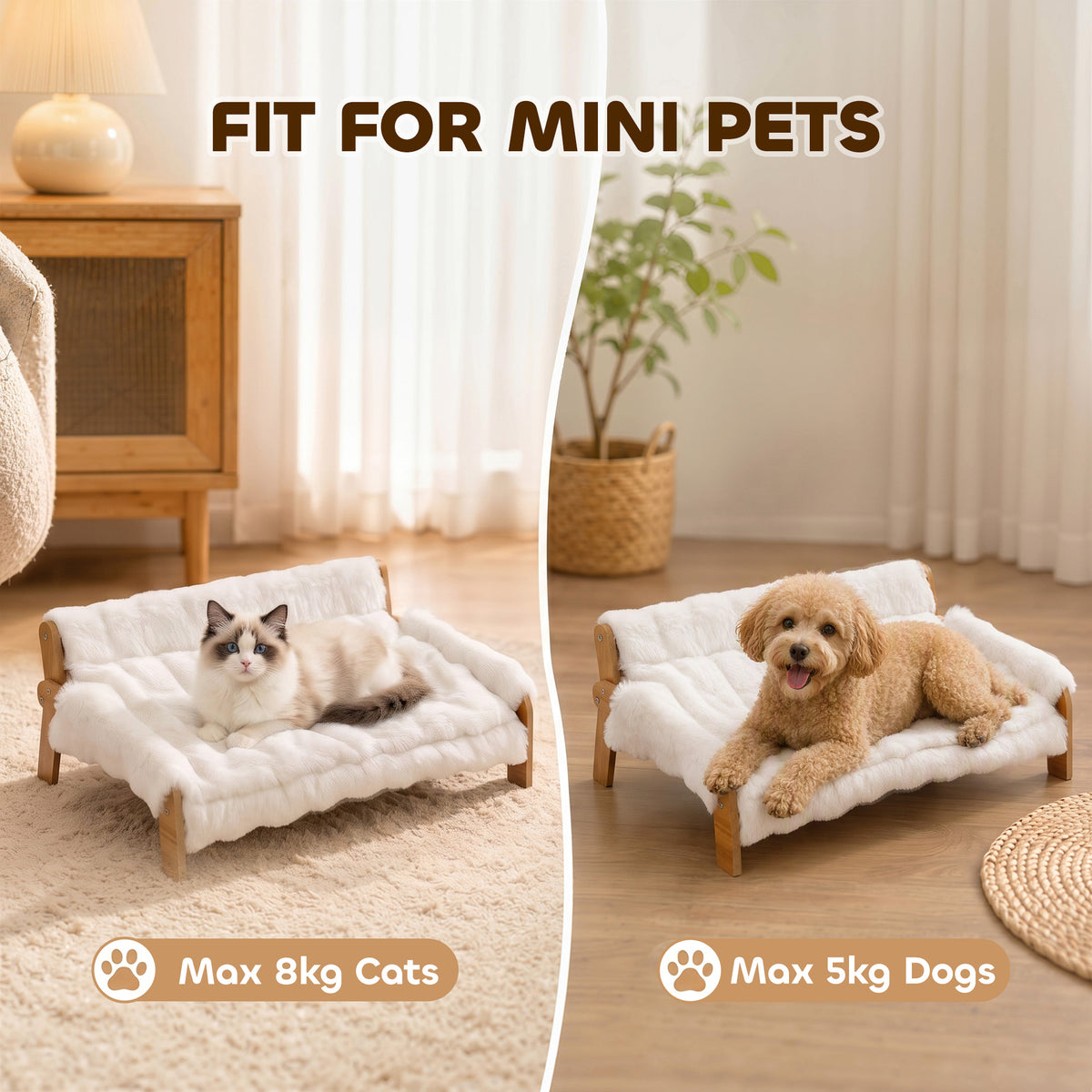 Canapé pour Chien Chat Lit Surélevé en Bois, Coussin Amovible en Peluche, Pieds Antidérapants, 70 x 47 x 30 cm, Blanc