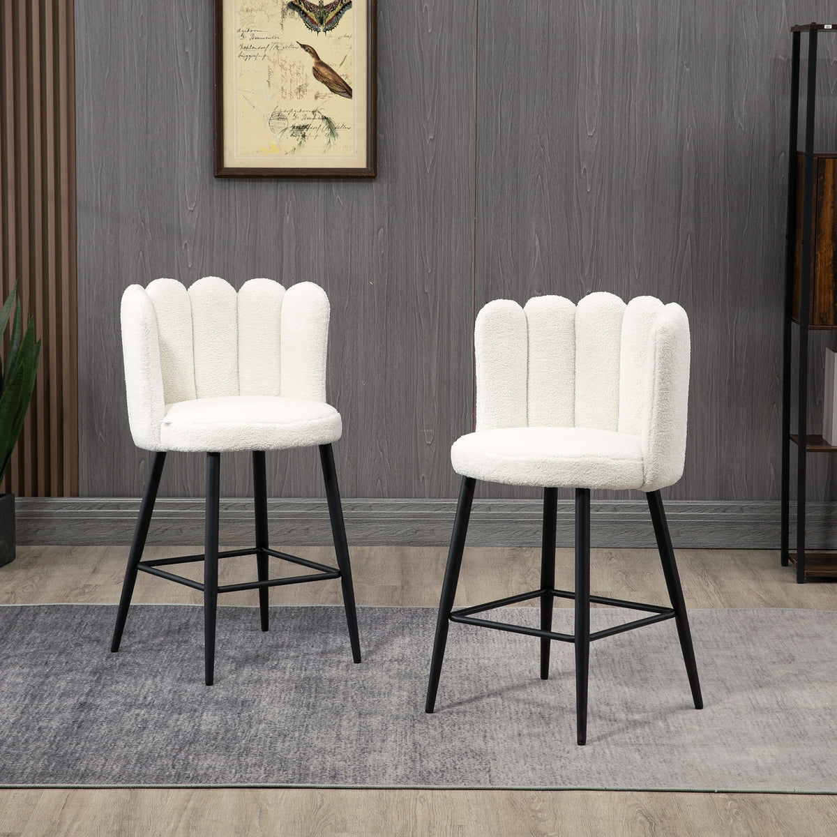 2er-Set Barhocker mit Fußstütze Stahl Stoff in Bouclé-Optik Höhe 65 cm Creme Schwarz