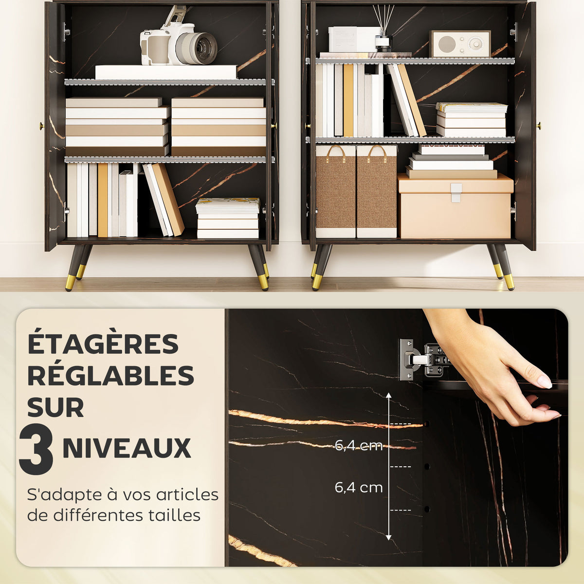 Bibliothèque, étagère à 6 niveaux, meuble de rangement 6 étagères ouvertes porte vitrée et placard 70 x 35 x 170 cm noir-4