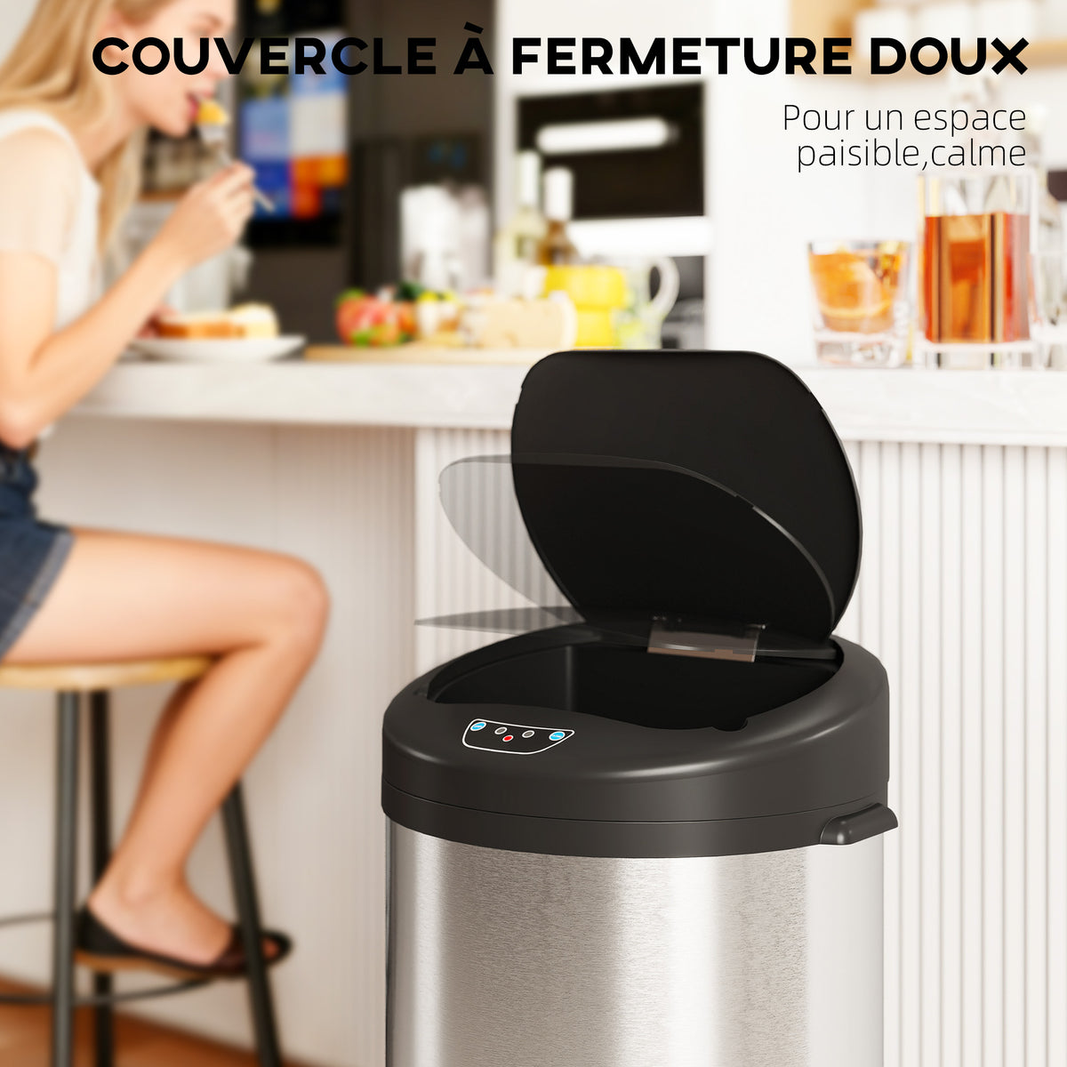Poubelle de cuisine automatique 55 L en acier inoxydable, couvercle à fermeture en douceur, 32 x 30 x 78,5 cm, argent