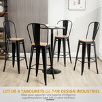 Lot de 4 tabourets de Bar Industriel avec Dossier Repose-Pied Hauteur Assise 76 cm métal noir Panneaux Multicouches Imitation Bois Clair