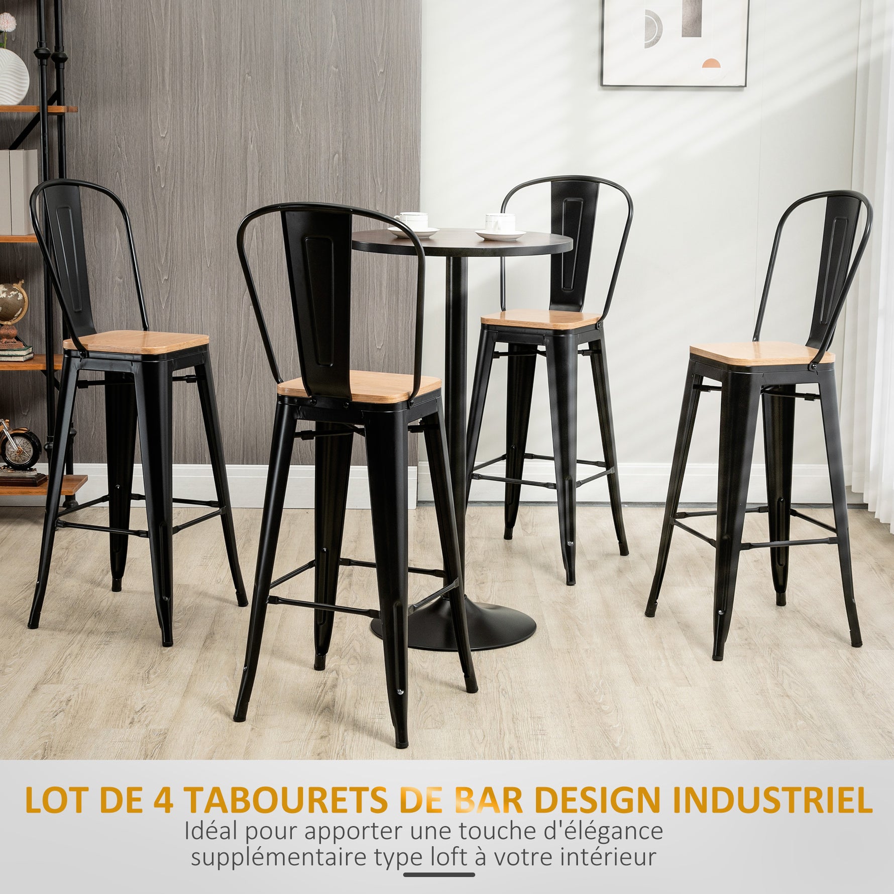 Lot de 4 tabourets de Bar Industriel avec Dossier Repose-Pied Hauteur Assise 76 cm métal noir Panneaux Multicouches Imitation Bois Clair