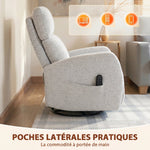 Sillón reclinable de masaje y calefacción, sillón de relax de chenilla, respaldo ajustable, giratorio 360°, crema