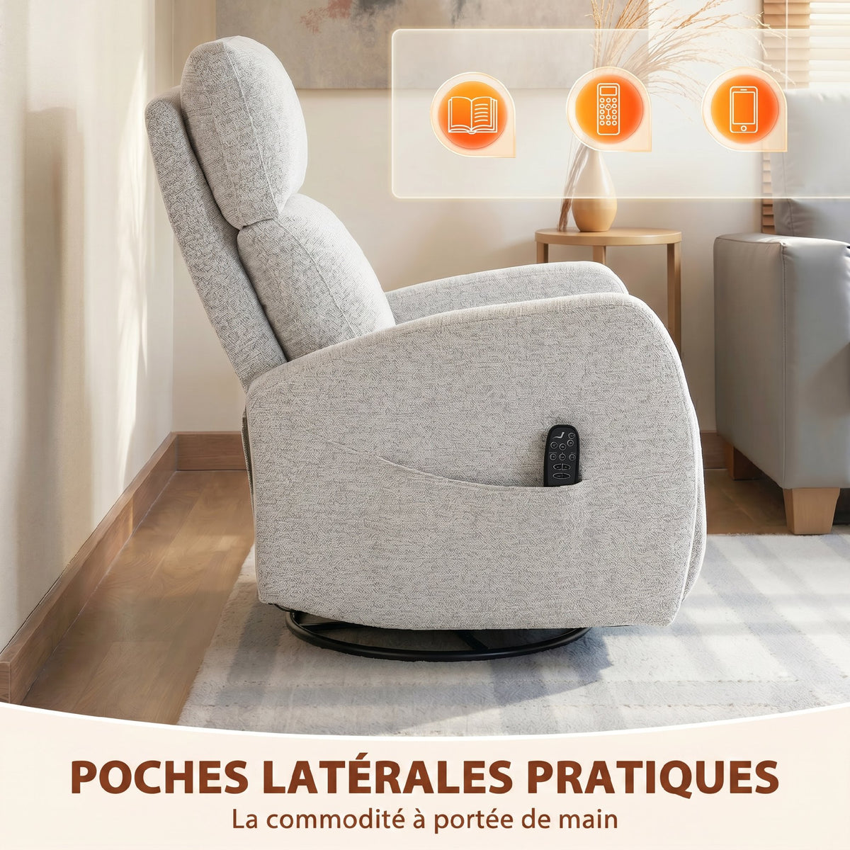 Sillón reclinable de masaje y calefacción, sillón de relax de chenilla, respaldo ajustable, giratorio 360°, crema