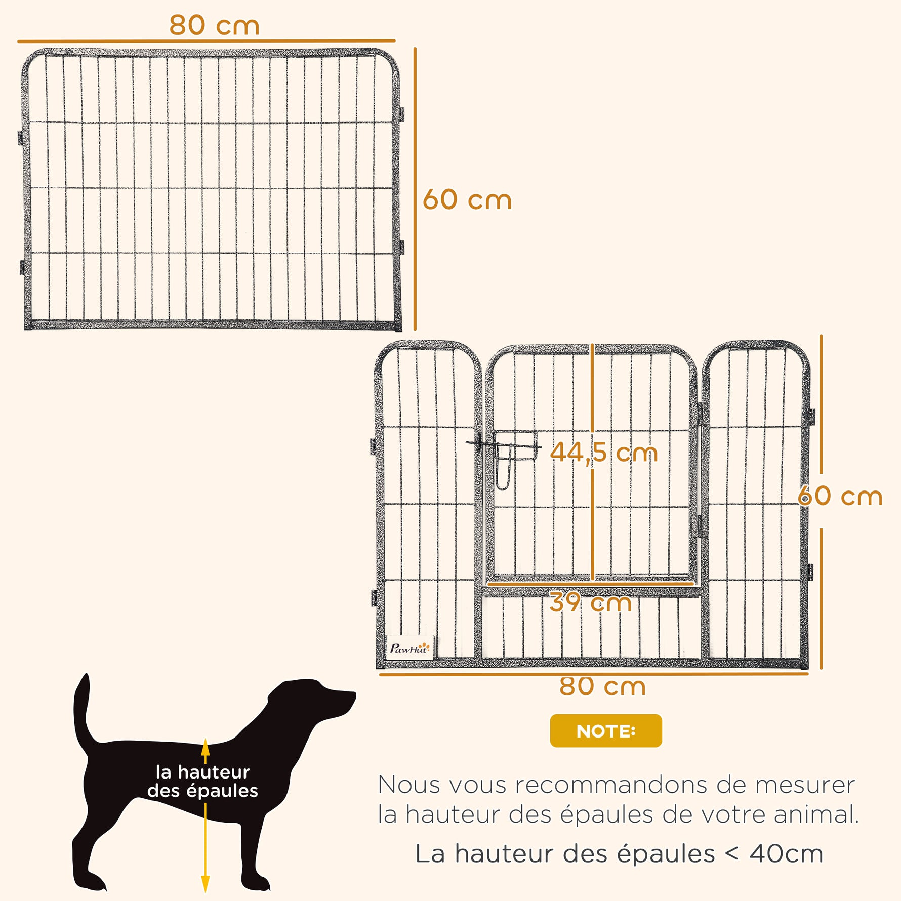 Parc pour chien, enclos chien 16 panneaux modulable et pliable, portable en acier avec portes 80 x 60 gris