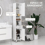 Meuble colonne salle de bain avec étagères réglables et compartiments ouverts, 30x30x180cm, blanc brillant