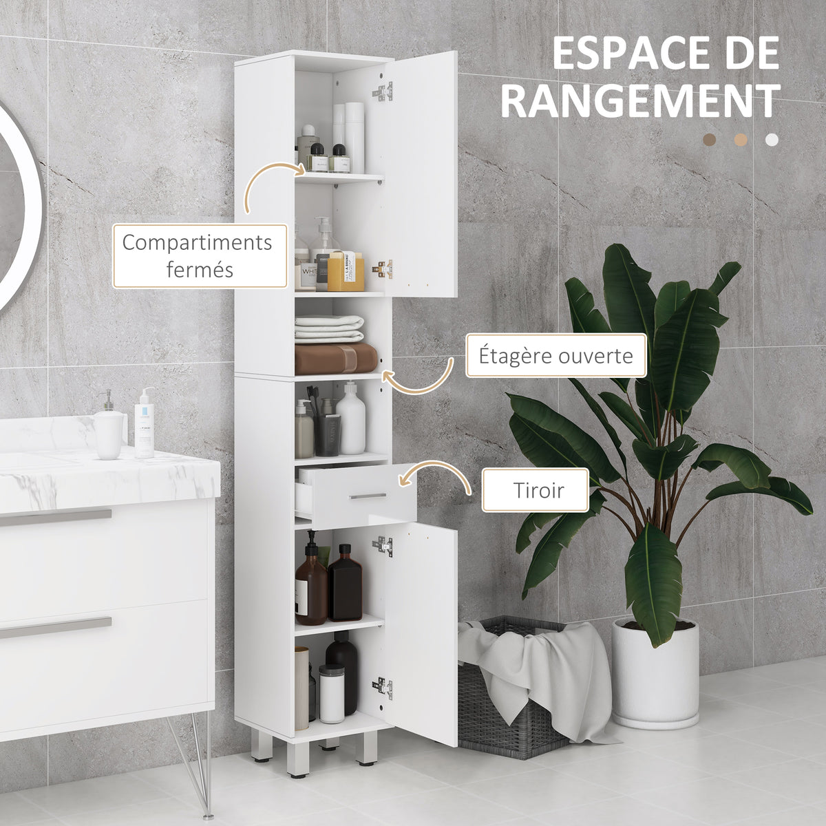 Meuble colonne salle de bain avec étagères réglables et compartiments ouverts, 30x30x180cm, blanc brillant