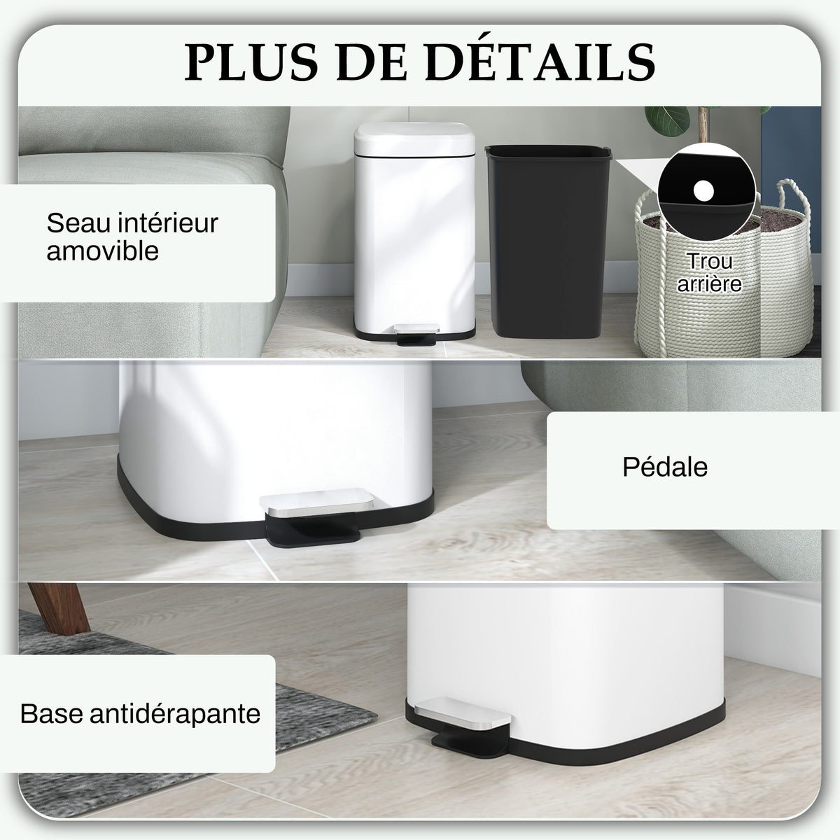 Poubelle de cuisine 20L avec couvercle à fermeture douce et pédale, seau intérieur amovible, 28L x 35l x 45H cm, blanc