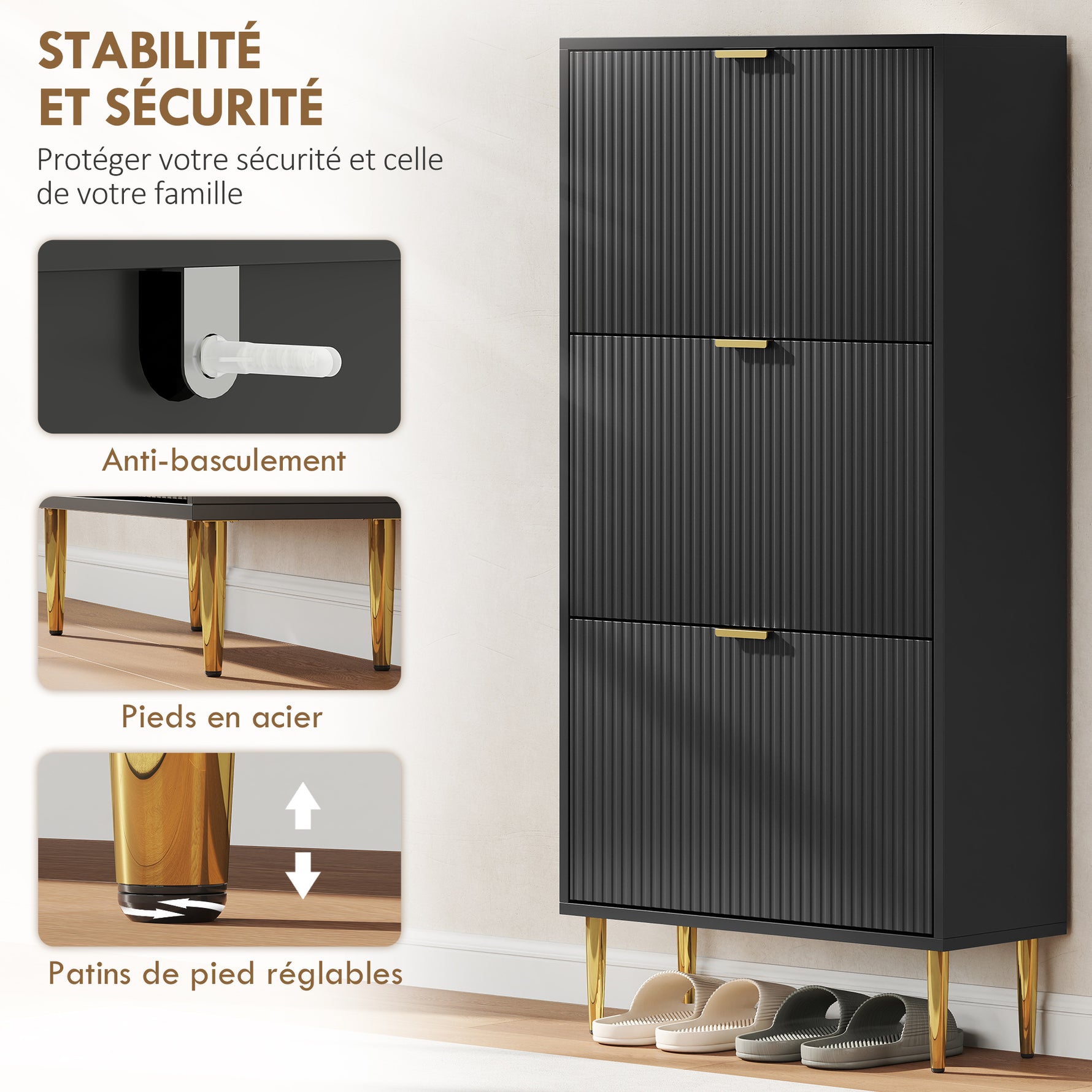 Meuble à chaussures 18 paires avec 3 tiroirs rabattables, portes cannelées et étagères réglables, 60x24x122,5cm, noir