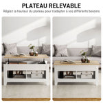 Table basse plateau relevable, table de salon avec étagères et compartiment caché,105 x 50 x 49-62,5 cm blanc