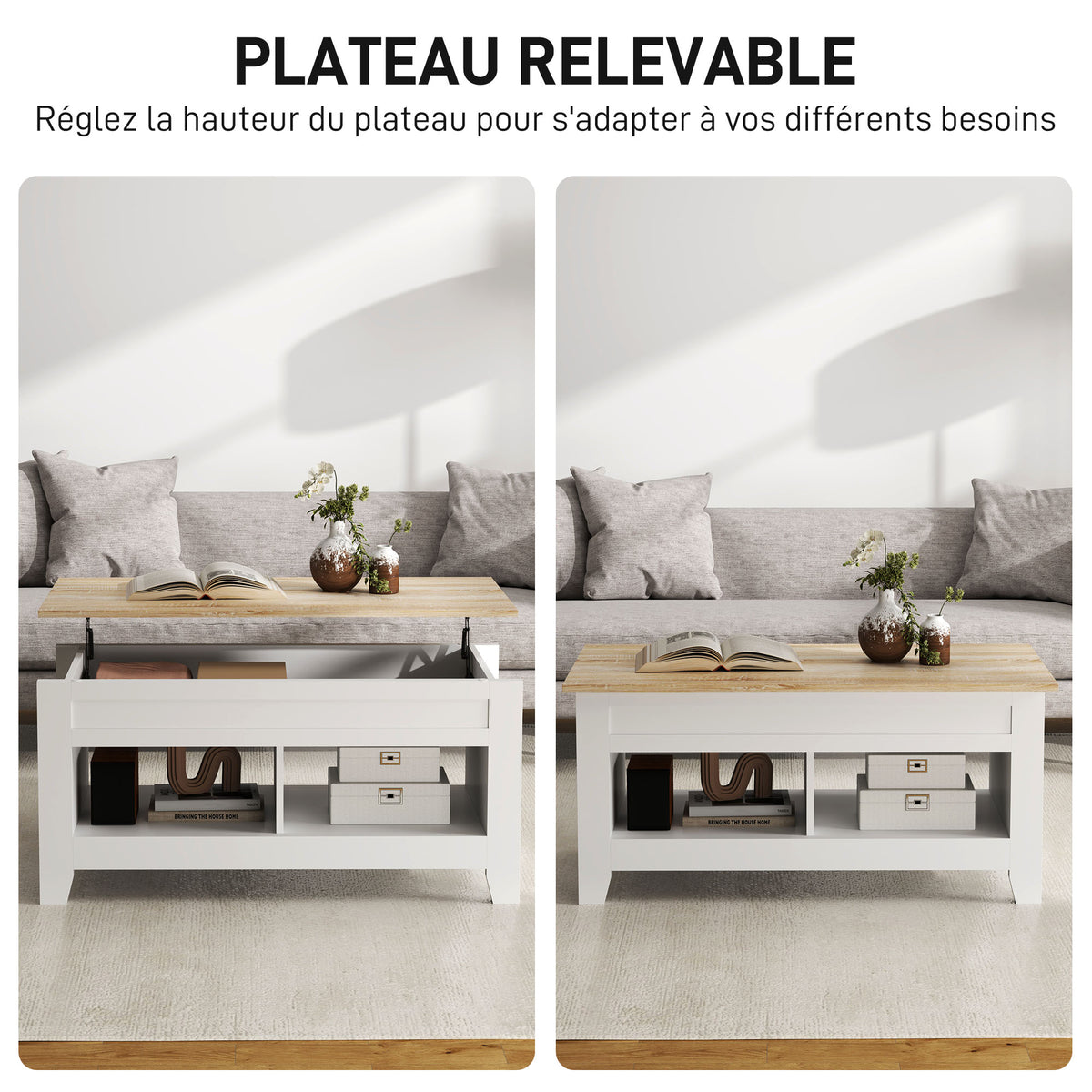 Table basse plateau relevable, table de salon avec étagères et compartiment caché,105 x 50 x 49-62,5 cm blanc