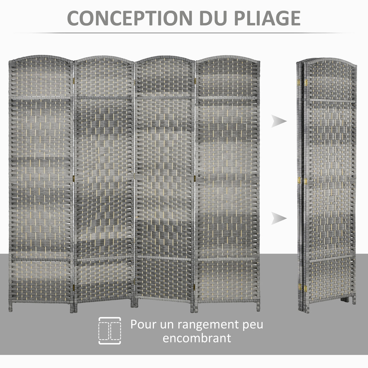Paravent intérieur en bois 4 panneaux séparateur de pièce pliable pour salon chambre 180 x 180 cm gris mélangé