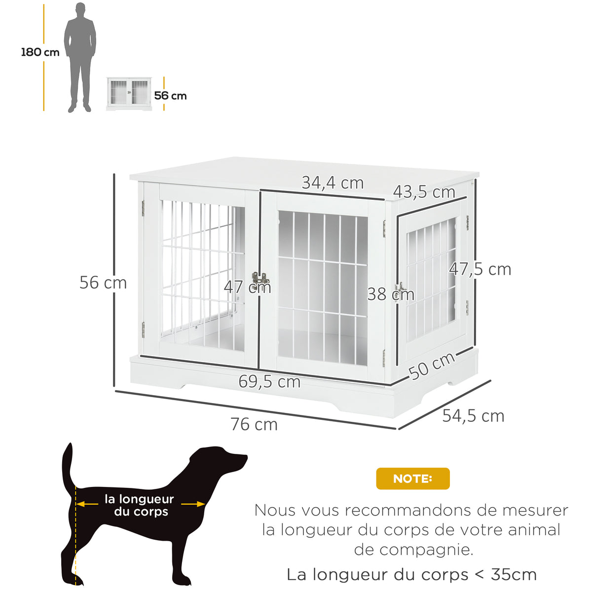 Cage pour chien animaux 2 en 1 table d'appoint meuble cage chien intérieur avec 2 portes verrouillables - dim. 76L x 54.5l x 56H cm - Métal et MDF