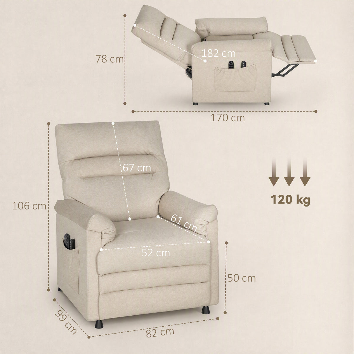 Electric Massage and Heating Recliner Armchair in Velvet, Ultra-Quiet, Reclining, USB Port, 82x99x106cm, Beige