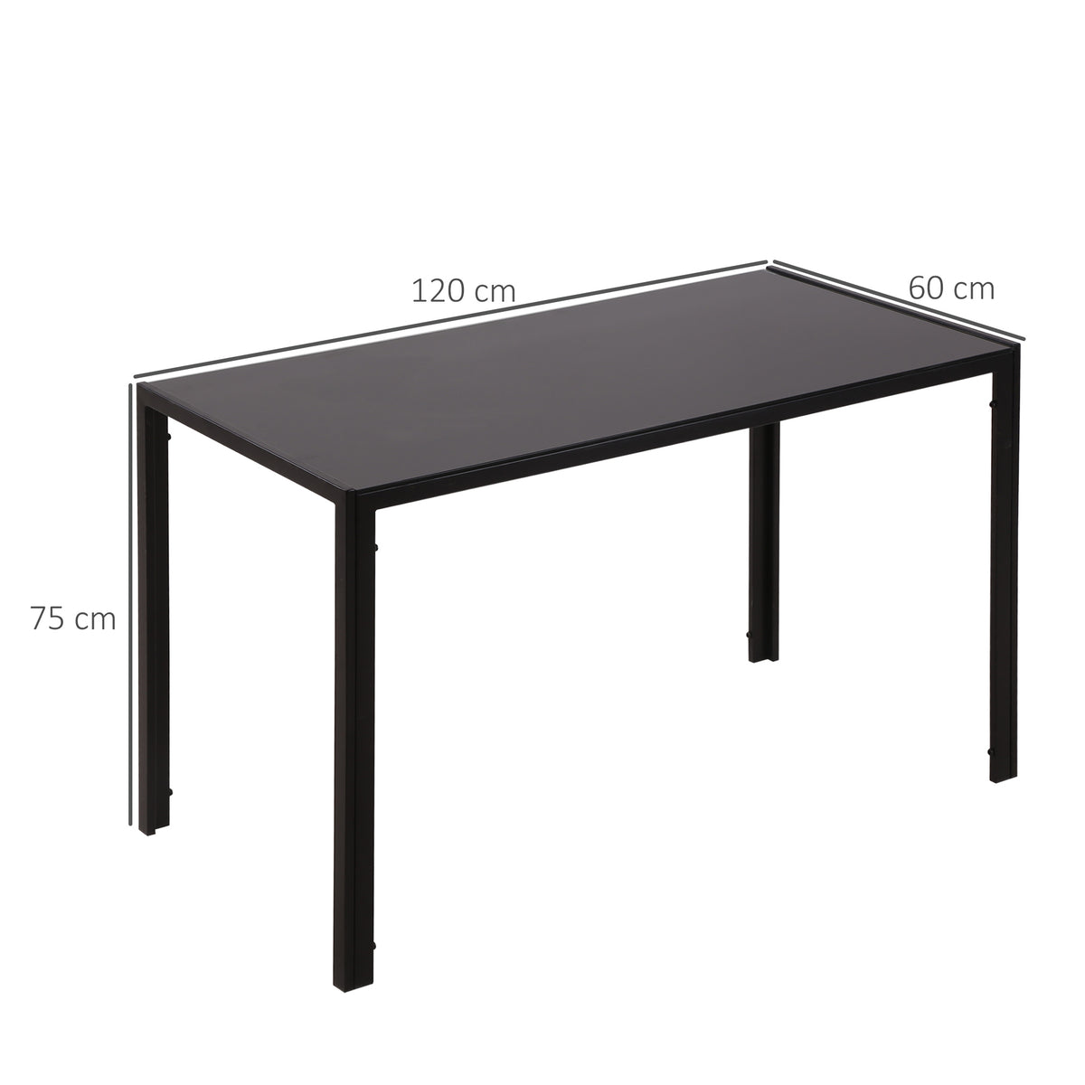 Mesa de comedor para 4 personas, mesa de cocina con tablero de vidrio templado y patas de metal, 120x60x75cm, negro