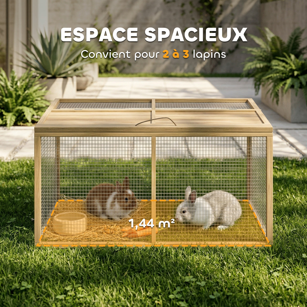 Enclos Lapin Extérieur Cage Lapin Intérieur Pliable Toit Ouvrant Total Poignée 1,44㎡ 120x120x57cm Naturel