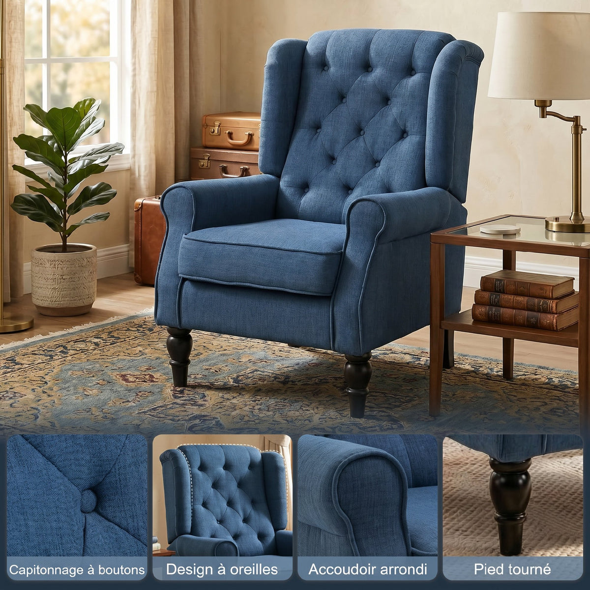 Fauteuil de Salon, Fauteuil Capitonné avec Pieds en Bois, Assise Large, Grand Confort, Classique, 74x86x102cm, Bleu