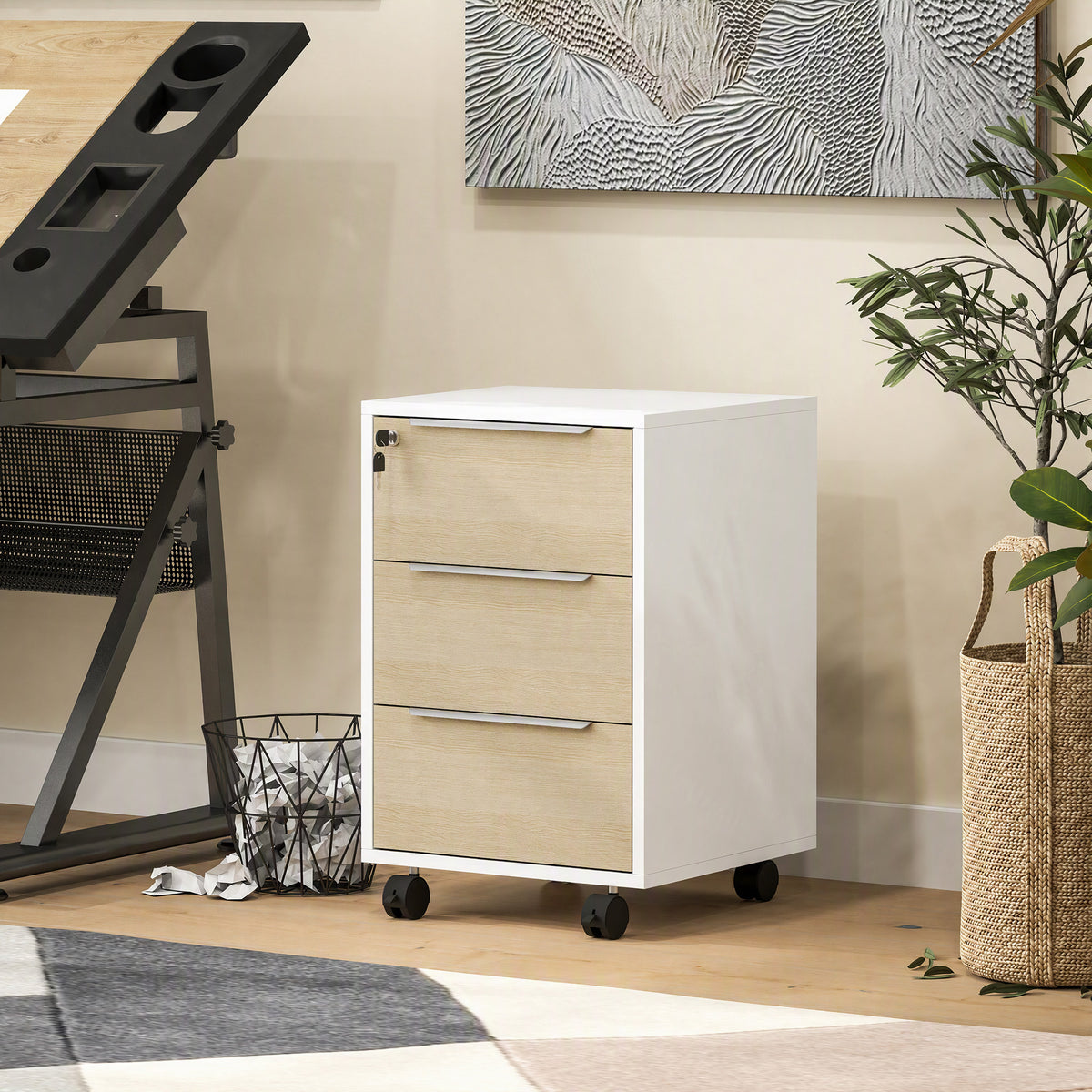 Cassettiera da ufficio con ruote a 3 cassetti e serratura, mobile contenitore da ufficio su ruote, 40 x 40 x 63,5 cm, rovere