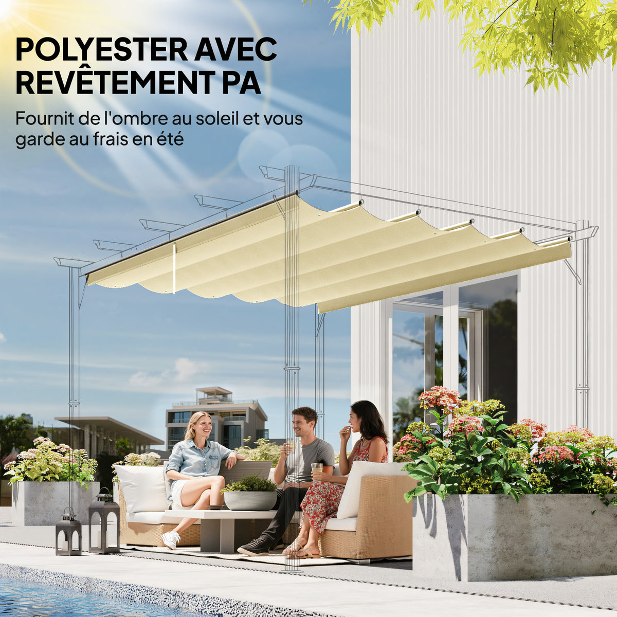 Toile de toit pour pergola tonnelle rétractable de 3 x 3 m - toile uniquement 250 x 255 cm crème