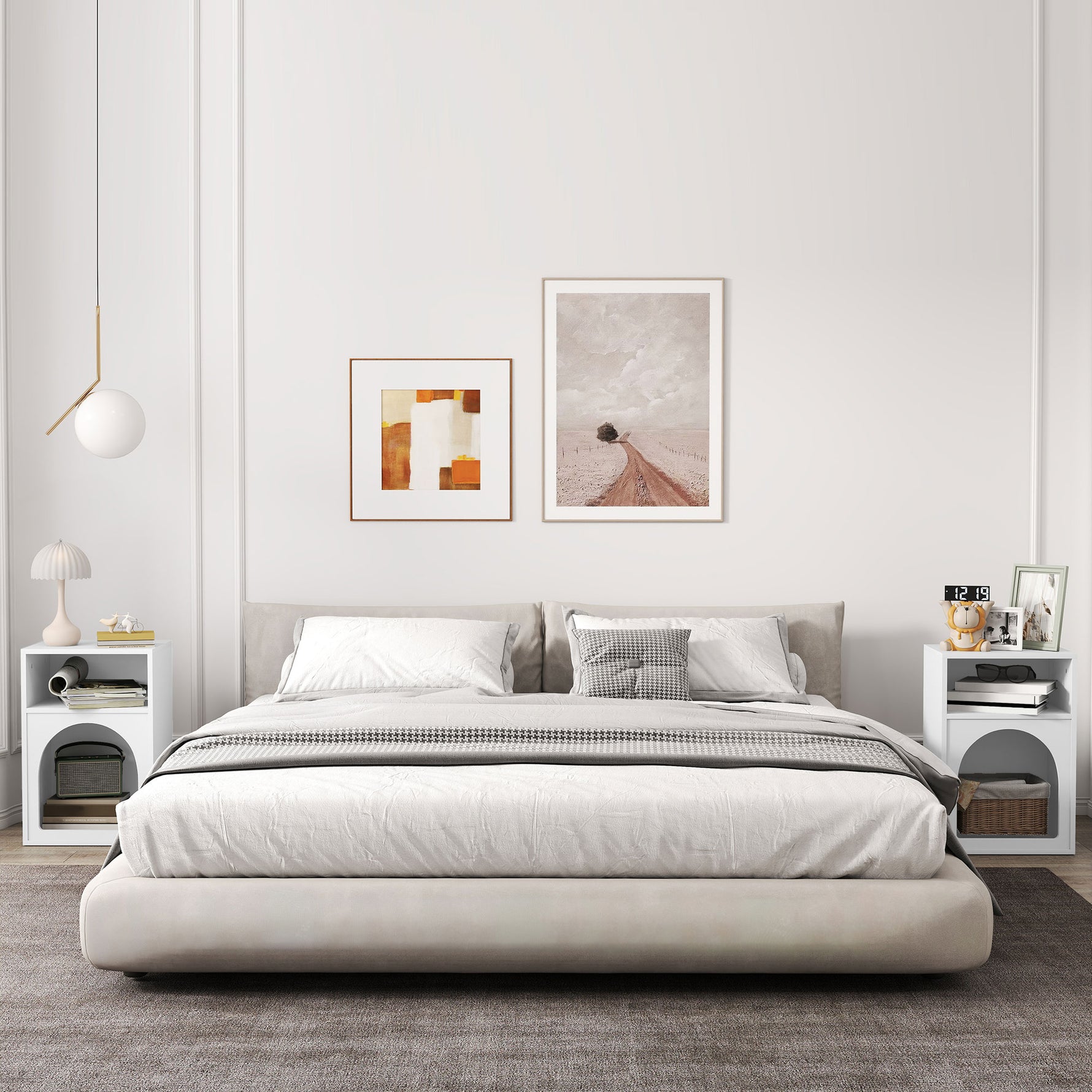 Lot de 2 tables de chevet, table de nuit avec compartiments ouverts, design arqué, 40 x 30 x 60 cm, blanc