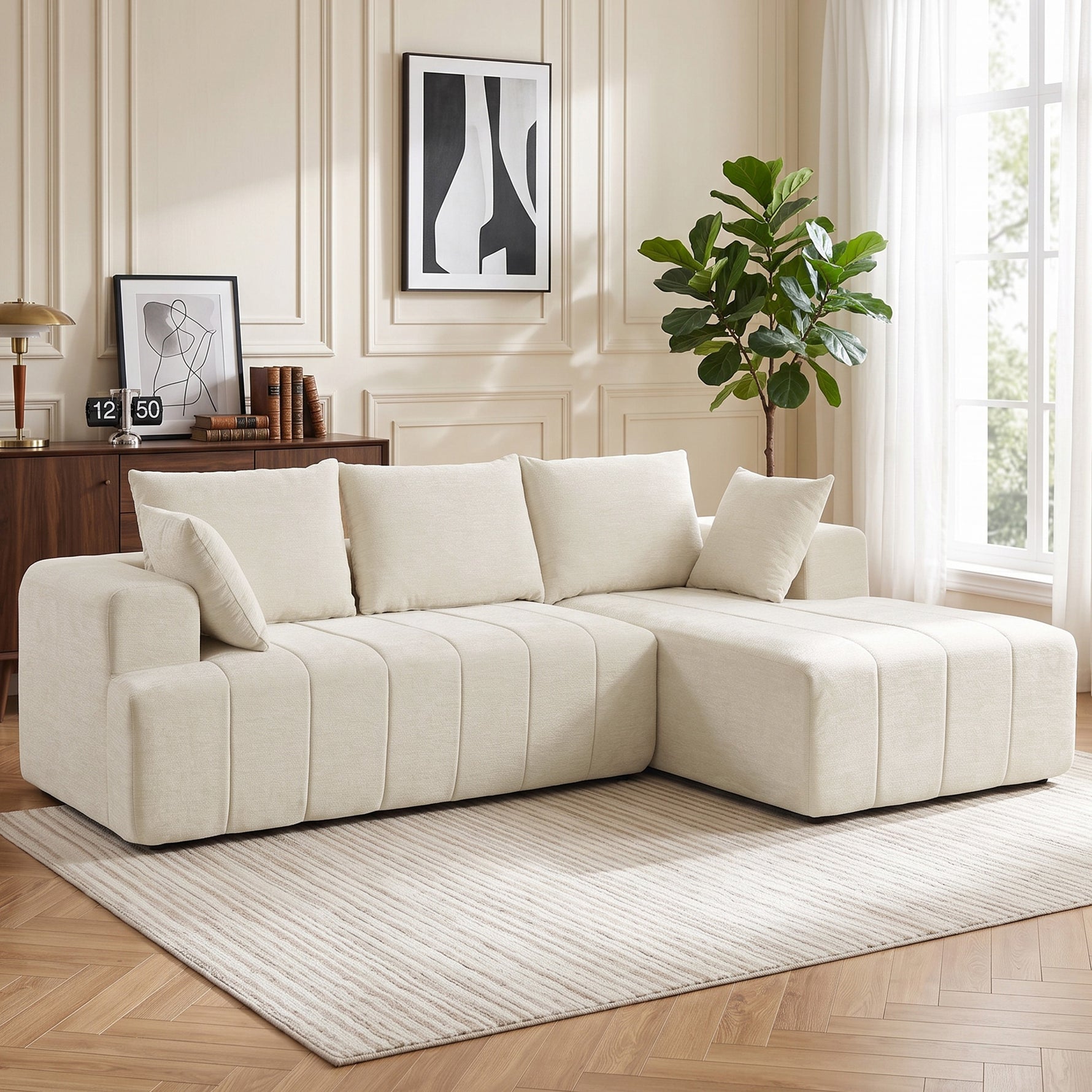 Canapé d'angle 256 cm avec méridienne, canapé-lit 3 places en chenille forme de L, assise et accoudoirs larges, beige