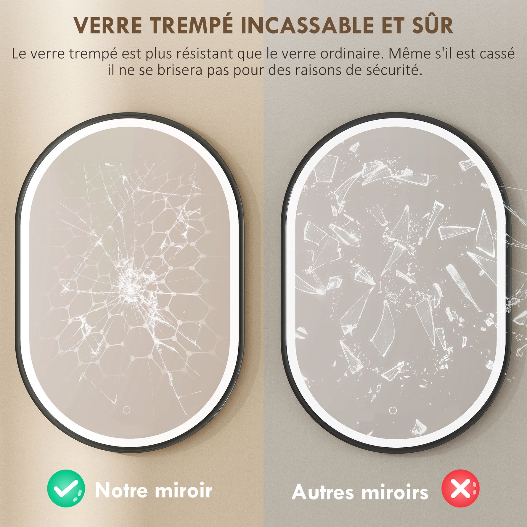 Miroir salle de bain éclairage LED 50x70cm, miroir lumineux salle de bain mural interrupteur tactile, lumière 3 couleurs