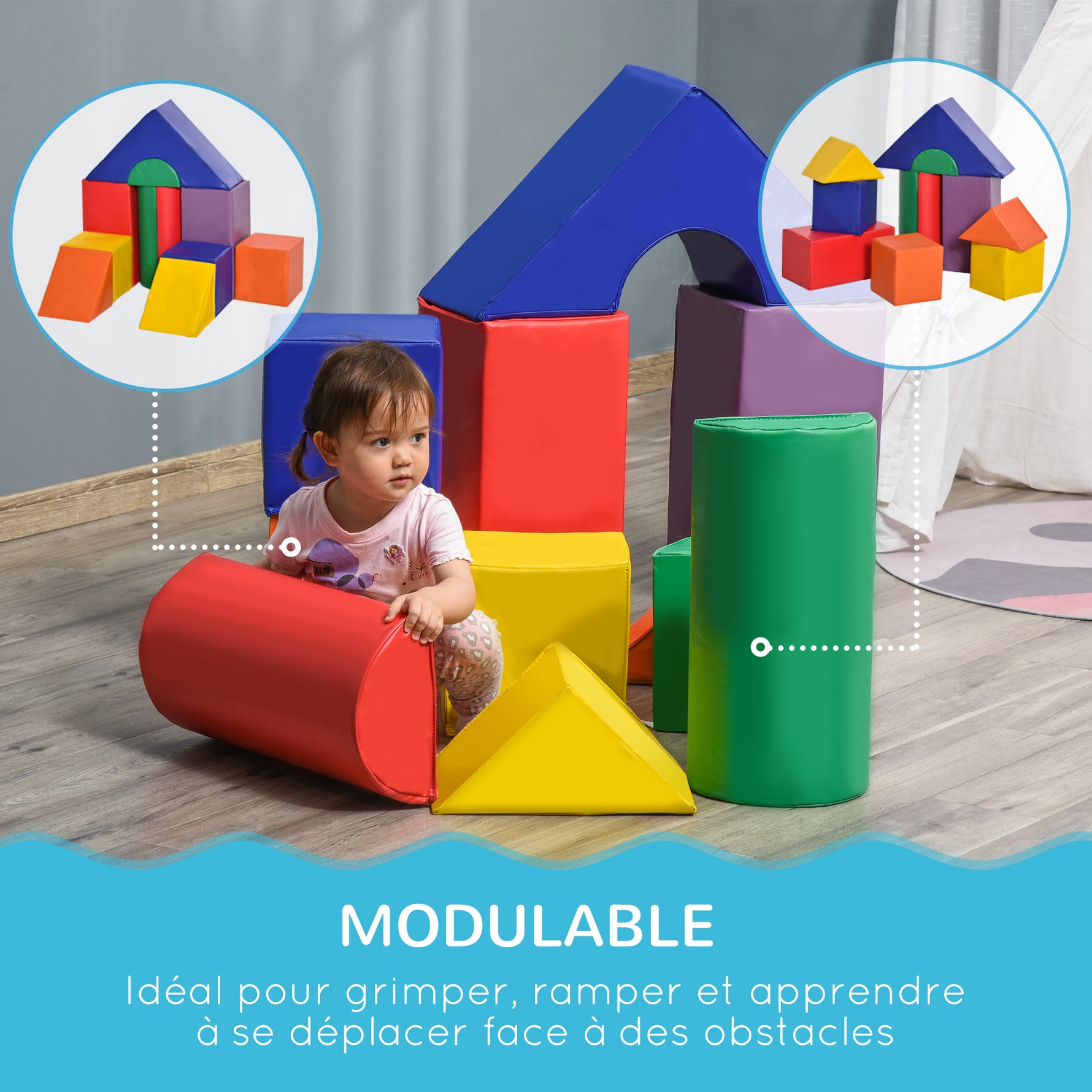 Parcours motricité bébé 11PCS, module motricité bébé en mousse EPE avec housse en revêtement synthétique, blocs mousse de construction, jouets éducatifs pour enfants de 1-3 ans, multicolore