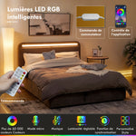 Lit coffre 140 x 190 cm avec éclairage LED, tête de lit réglable, cadre de lit double, sommier à lattes en bois, gris