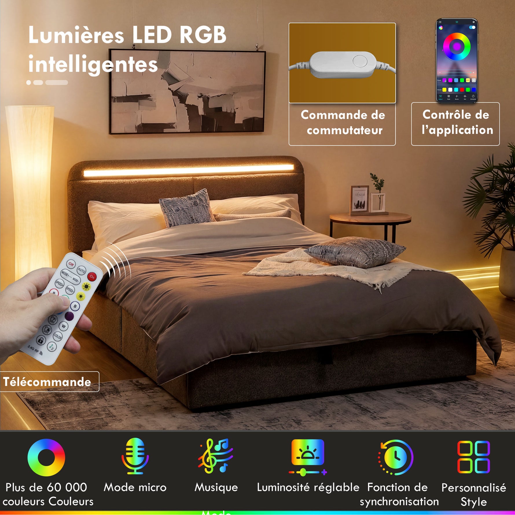 Lit coffre 140 x 190 cm avec éclairage LED, tête de lit réglable, cadre de lit double, sommier à lattes en bois, gris