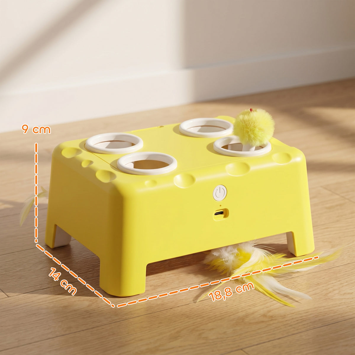 Jouet Interactif pour Chats d'Intérieur Rechargeable, 3 Modes Réglables Repos Intelligent, 18,8 x 14 x 6 cm, Jaune