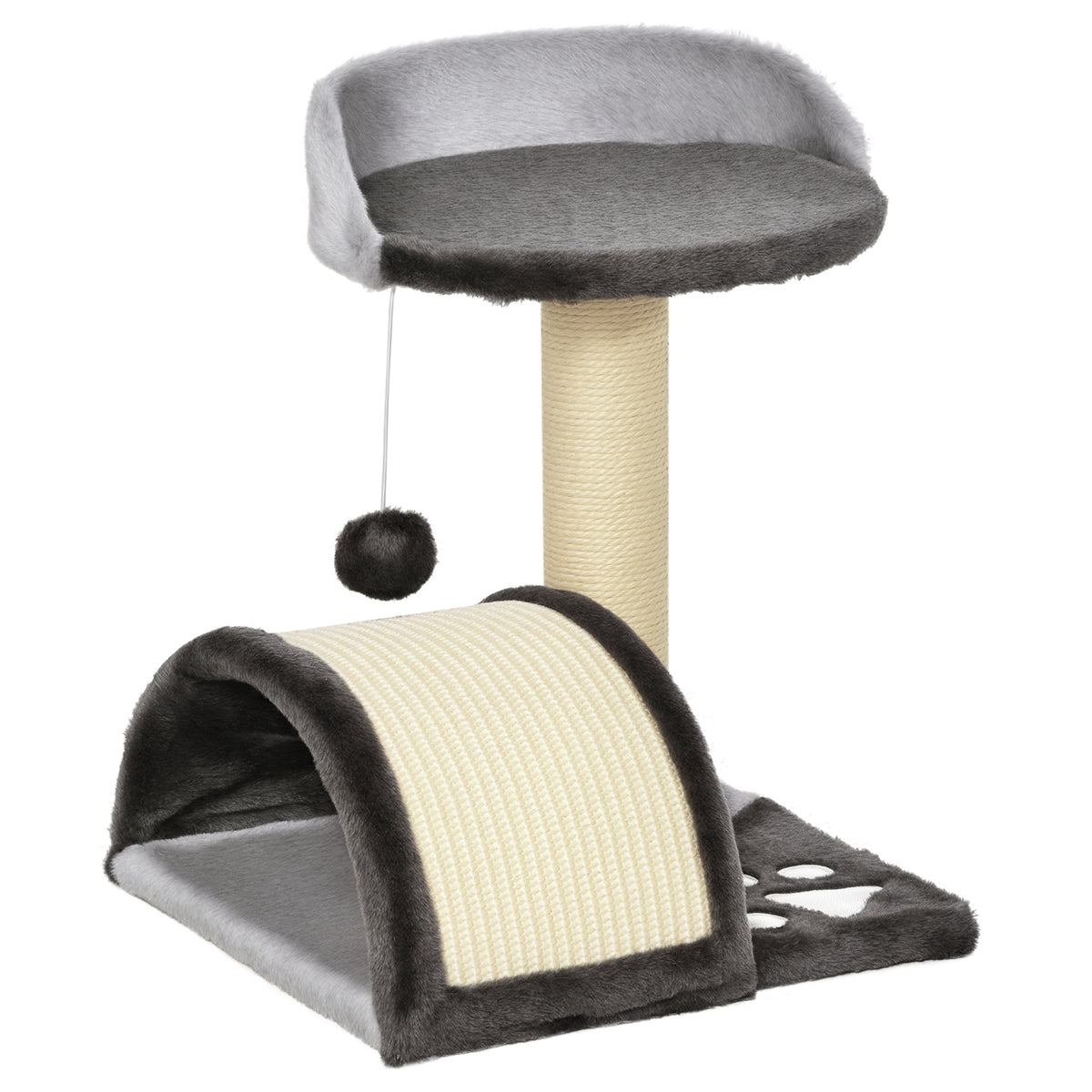 Arbre à chat griffoir grattoir design jeu boule suspendue + plateforme peluche sisal naturel gris foncé