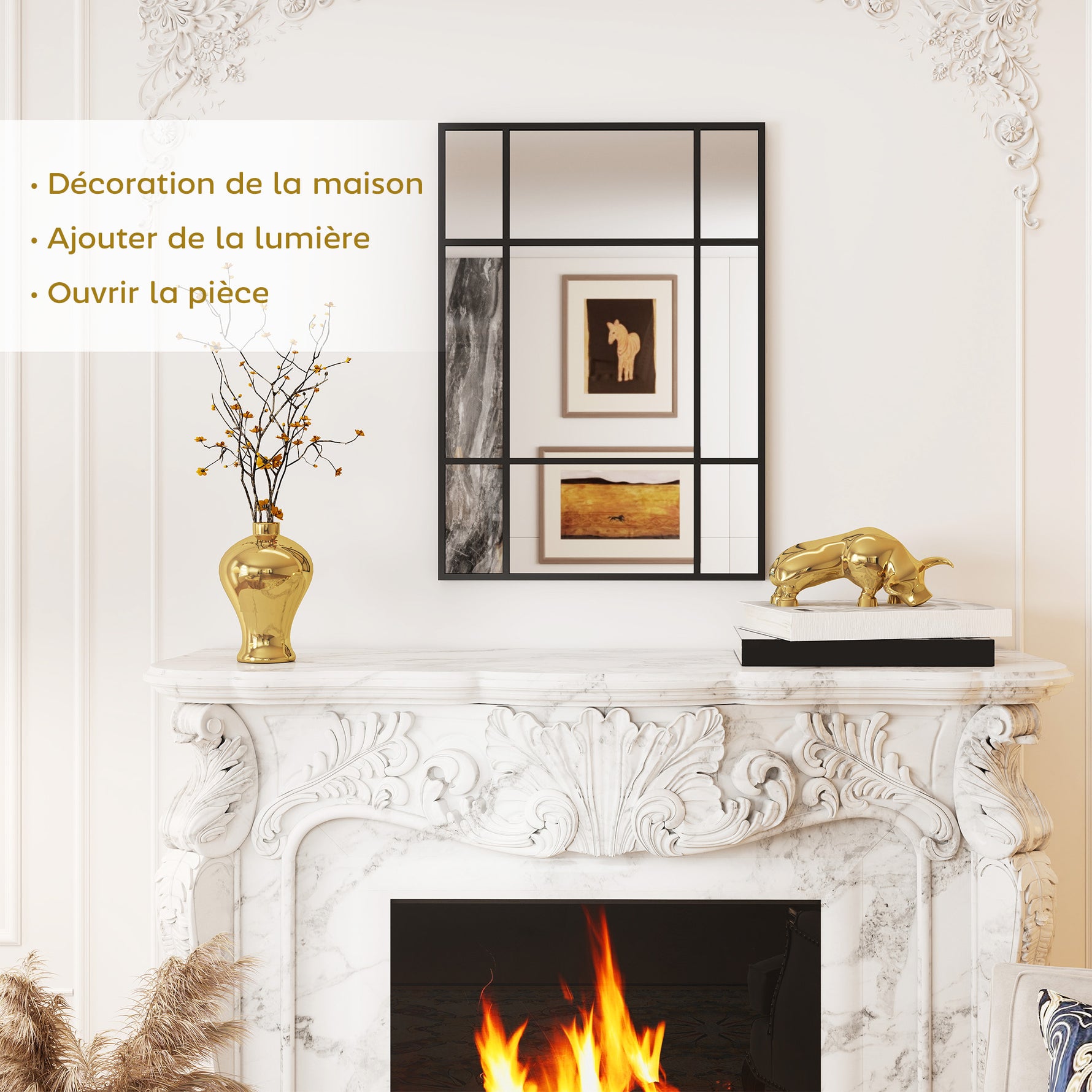 Miroir mural verrière rectangulaire style fenêtre, horizontal ou vertical avec 4 crochets, en métal noir - 50x70 cm
