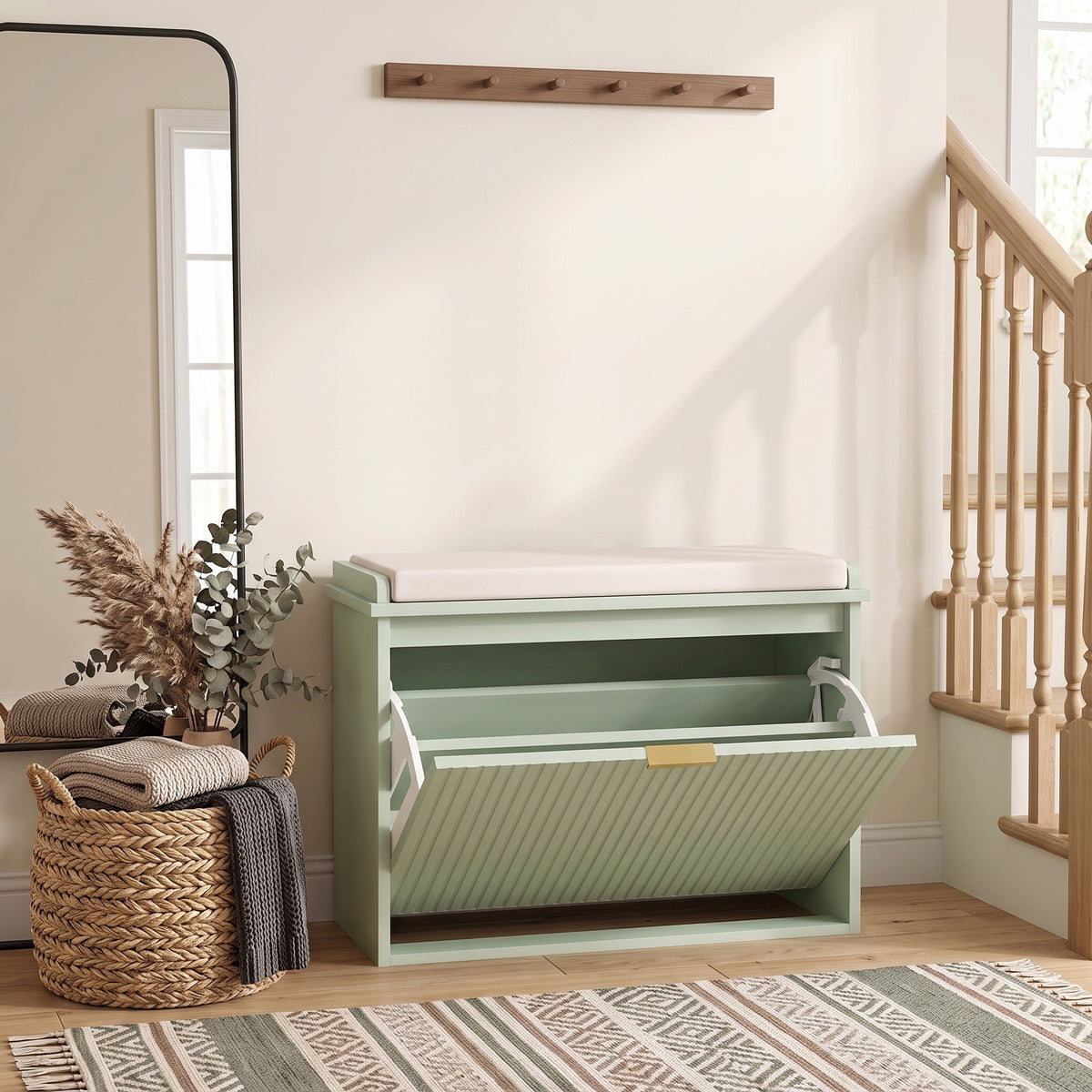 Banc à chaussures avec coussin d'assise rembourré et tiroir rabattable pour couloir, chambre, 62 x 26 x 47,5 cm, vert