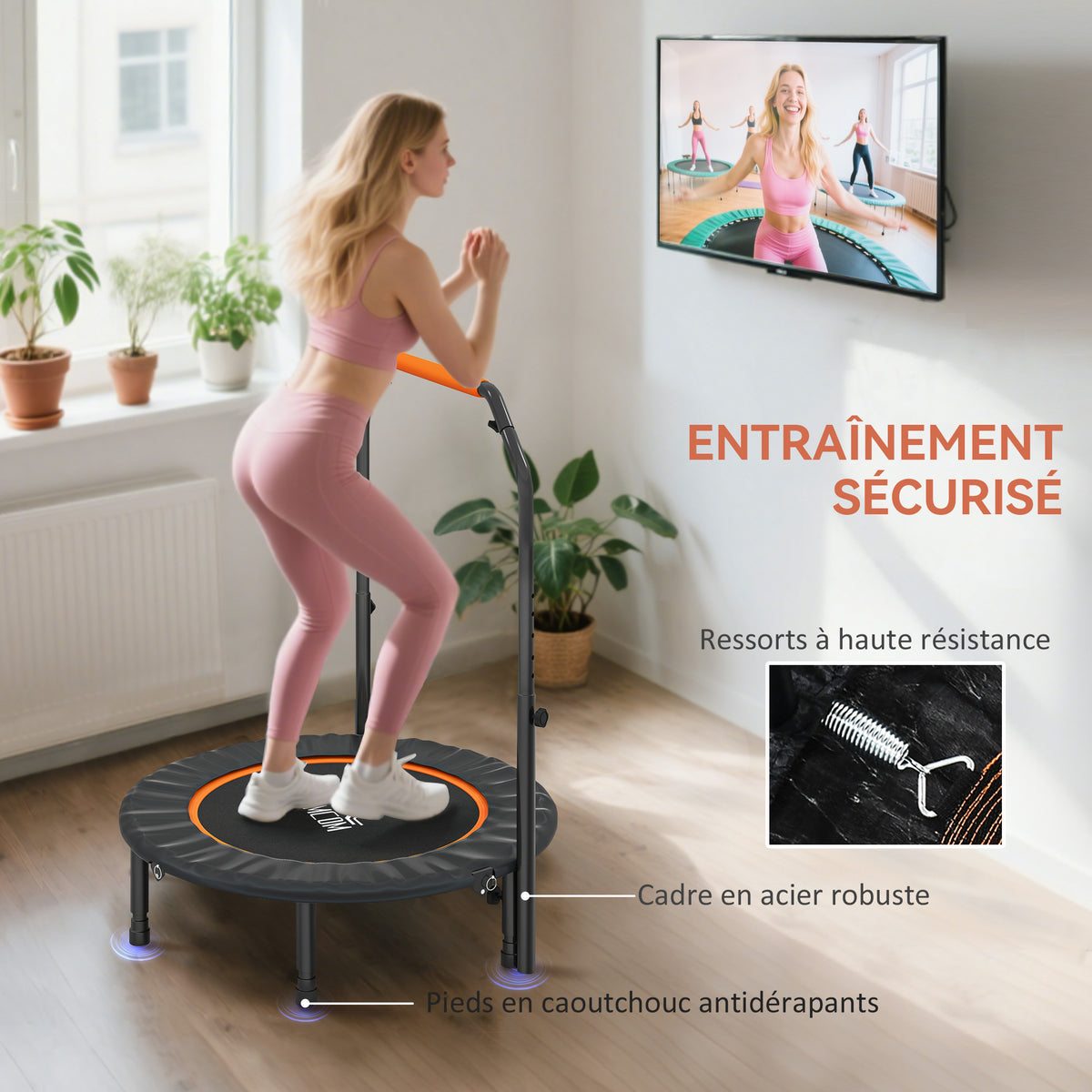 Fitness-Trampolin mit verstellbarem Haltegriff, klappbar, 6 Beine, 28 Federn, Ø 102 cm, schwarz-orange