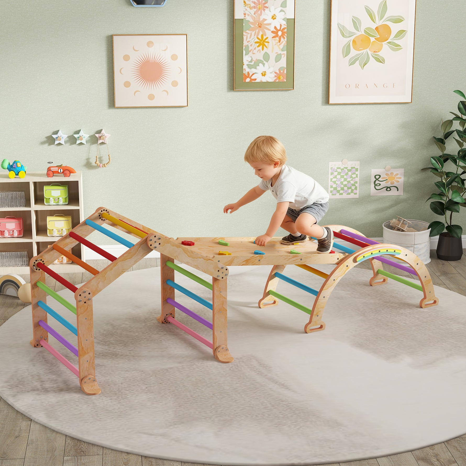 Triangle d'escalade enfant avec rampe réversible toboggan bascule et structure d'escalade multicolore