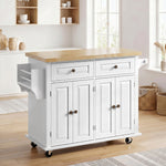 Keukeneiland met rubberhouten blad, keukentrolley op wielen met 2 lades, 111 x 44,5 x 82,5 cm, wit