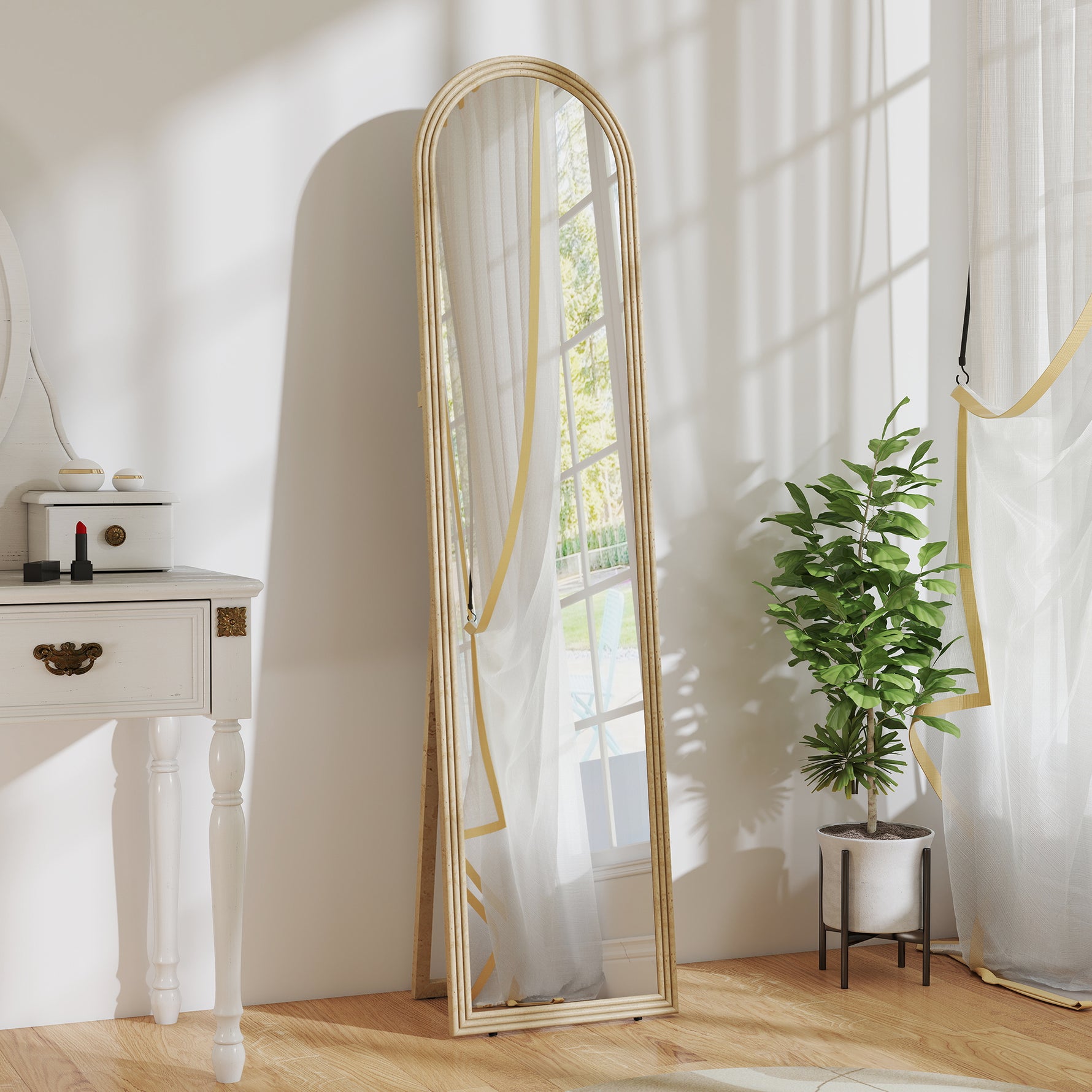 Miroir de sol arqué pleine longueur miroir sur pied cadre en effet imitation pierre pour salon chambre 40 x 160 cm beige